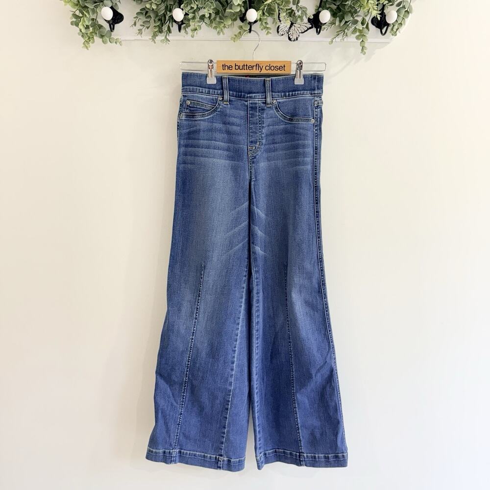 Spanx Seamed Front Wide Leg Jeans Vintage Indigo Pull On Stretch Denim Size S